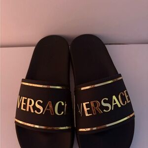 Versace Black Slides with Gold Lettering